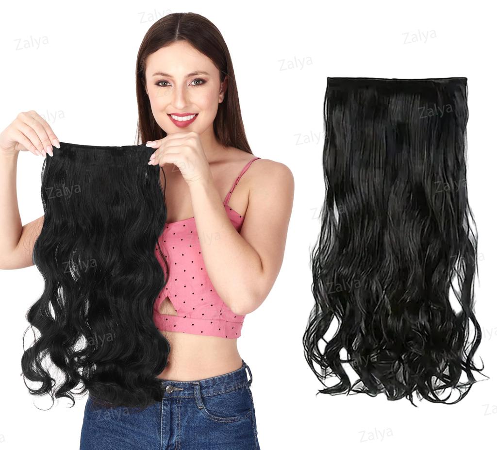 ZALYA Synthetic Fibre 5 Clip-in Hair Extension, 22 Inch Length, Curly/Wavy Style for Women and Girs To Enhance Their Beauty (Black)