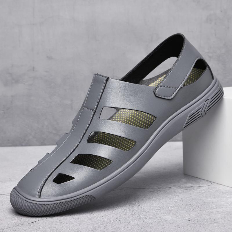 Fashion Casual Outdoor Sandals Split Leather Men Summer Vacation Beach Non-Slip Hollow Out Shoes Comfort Soft Sole Retro Style Sandals