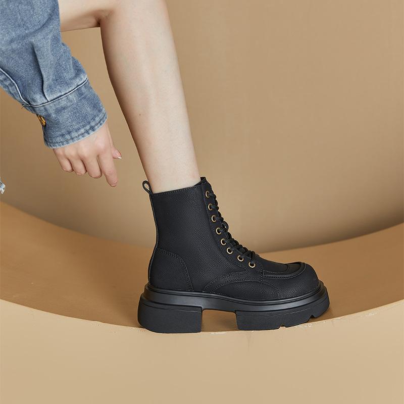 Autumn and Winter Leather Martin Boots Women's Platform Side Zipper Velvet Women's Cotton Boots Lace-up Tooling Shoes
