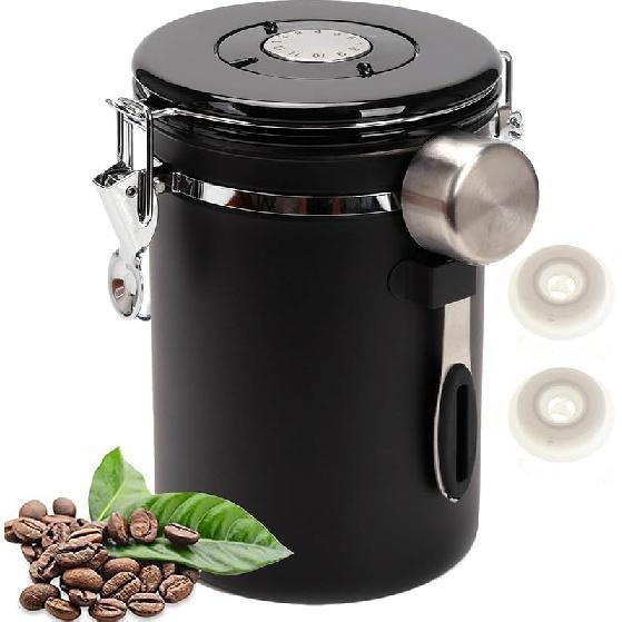 SUEIANNMN1.8L Coffee Canister Airtight, 26oz Coffee Storage Container Stainless Steel Air Tight Coffee Jar with Scoop, Date Tracker, 2 Extra CO2