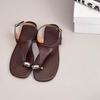 Retro one-word buckle with flat-bottomed set of toe sandals for women's 2025 summer new leather toe Roman open-toed sandals