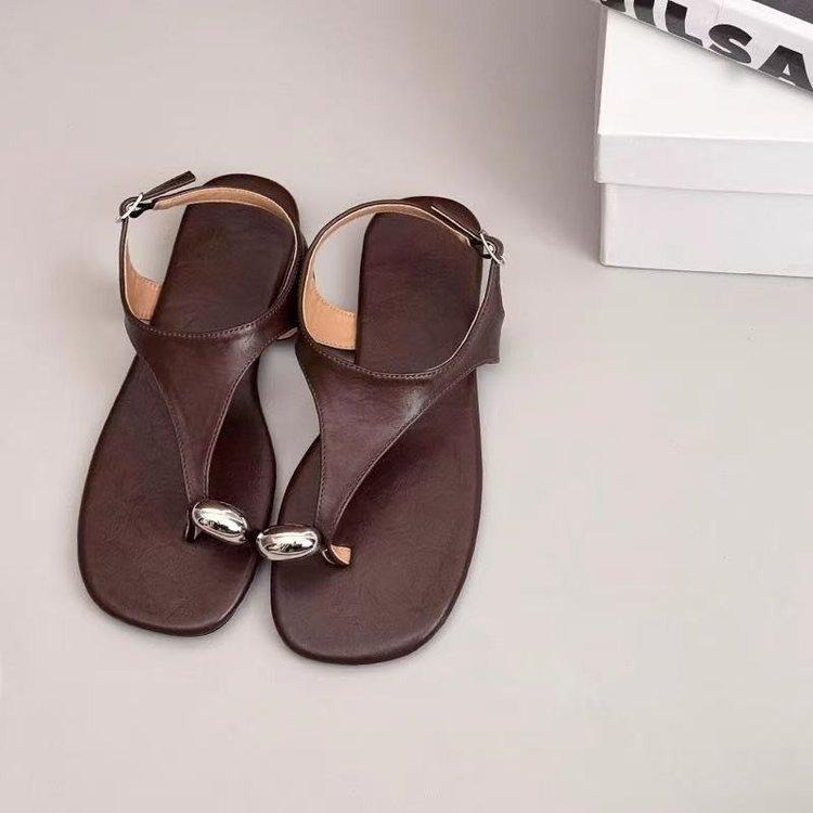 Retro one-word buckle with flat-bottomed set of toe sandals for women's 2025 summer new leather toe Roman open-toed sandals