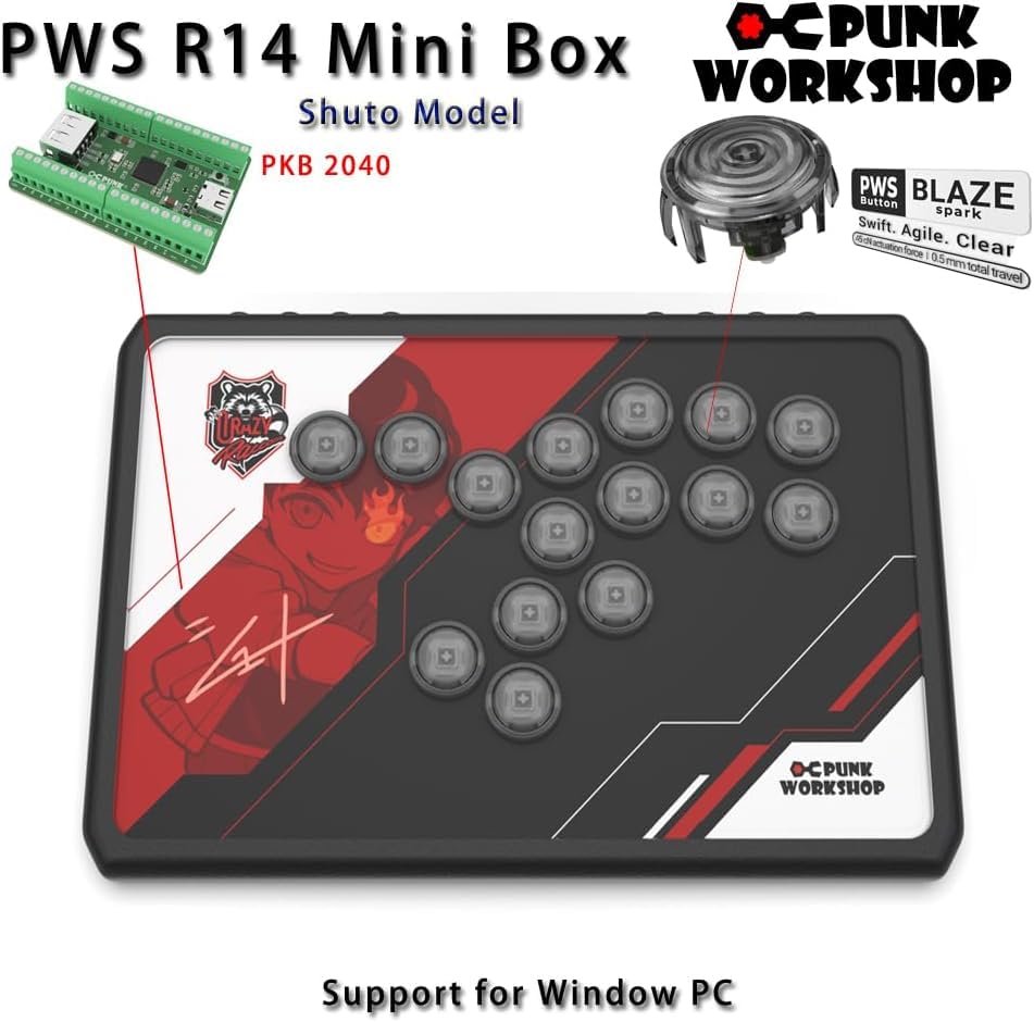 Punk Workshop PWS R14 Arcade Fighting Game Silent Shuto Controller, Leverless, Controller, Competition, Tournament, Esports, (R14 Model)