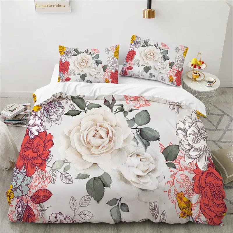 Botanical Floral Duvet Cover Set Microfiber Flowers Leaves Print Comforter Cover Spring Garden Flower Bedding Set Twin King Size