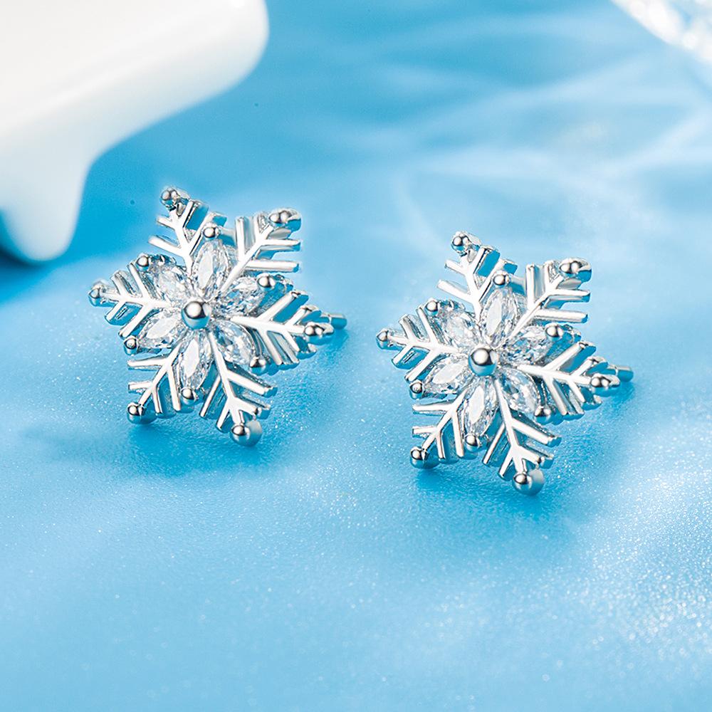 Sterling Silver Snowflake Stud Earrings with Marquise Cut Diamonds – Elegant Women's Christmas Fashion
