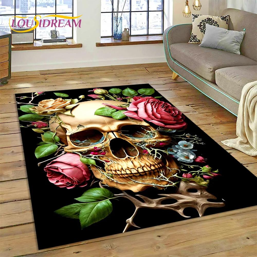 Cartoon Horrible Gothic Skull Flowers Carpet Rug for Home Living Room Bedroom Sofa Doormat Decor,Kid Area Rug Non-slip Floor Mat