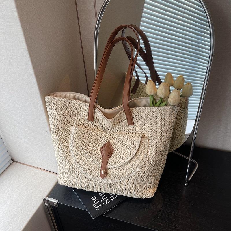 

Плетеная сумка женская новая модная и повседневная соломенная сумка большой вместимости для приморского отдыха, на плечо, сумка-тоут