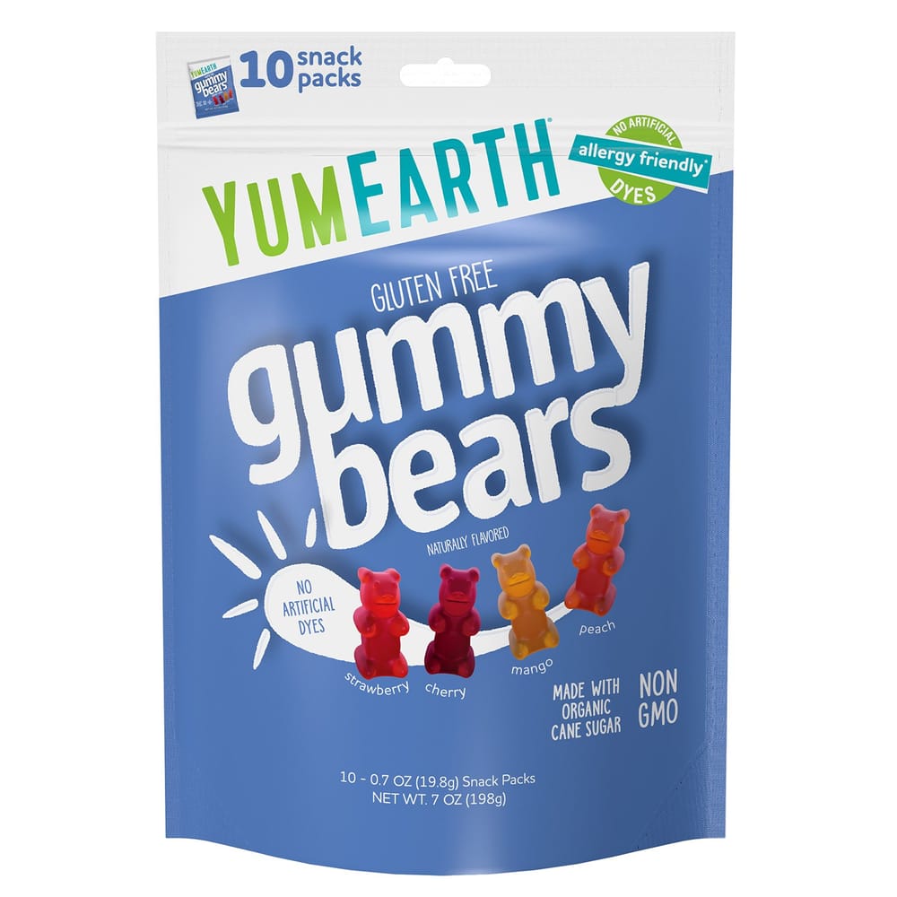 iHerb YumEarth Gluten-Free Gummy Bears, Strawberry Cherry Mango Peach, 10 Snack Packs (0.7 oz / 19.8g each)