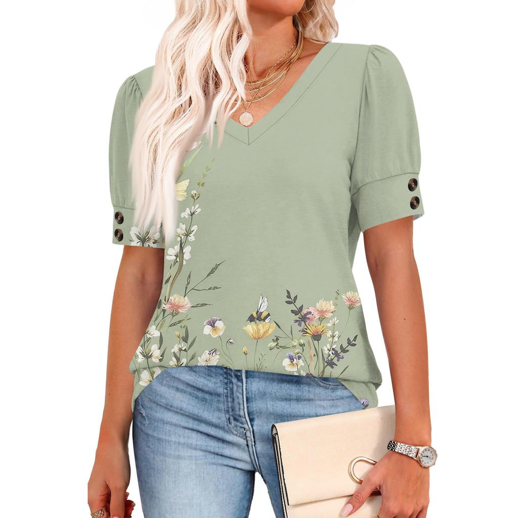 Womens Tops Short Sleeve Shirts Buttons V Neck  Fashion Outfits  Blouses  Casual