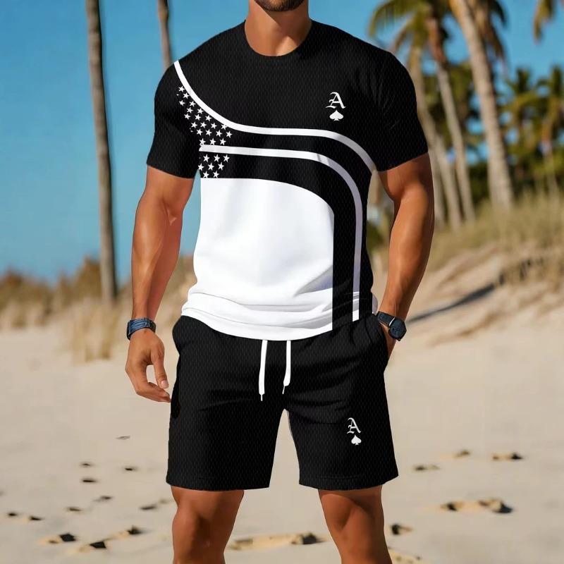 Men's O Neck Short Sleeved Shorts Set Summer Fashion Casual Sports Sets 3D Stripe Printed 2-piece Set