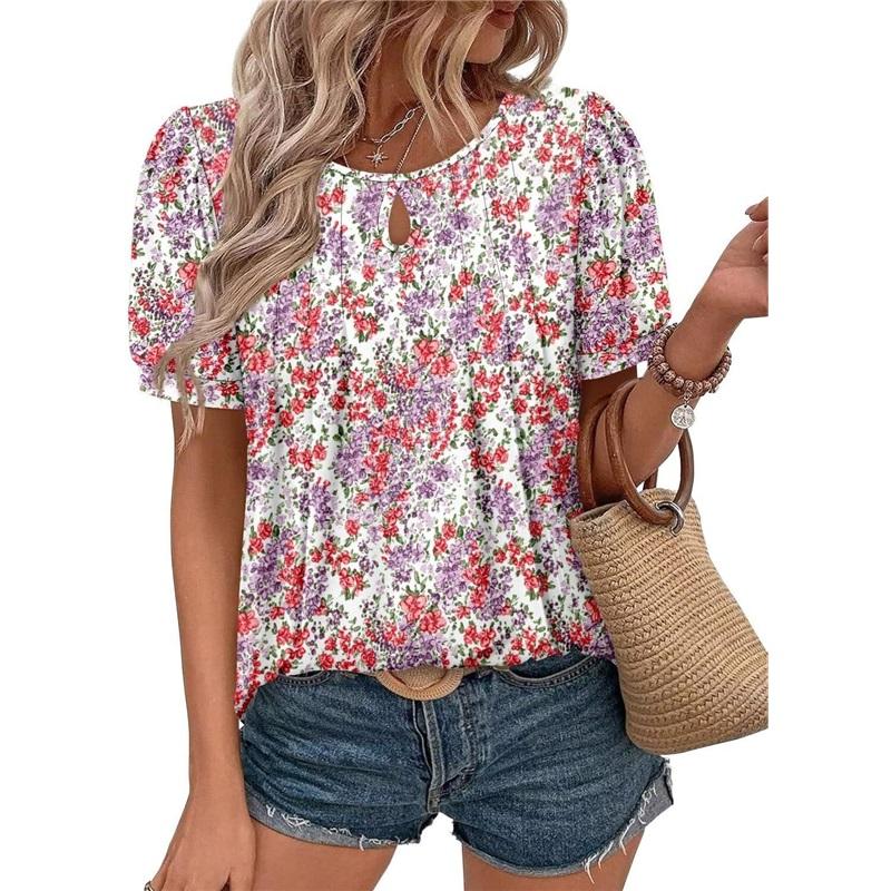 Floral Print Round Neck T-hole Casual Short-sleeved Pleated Flower Women