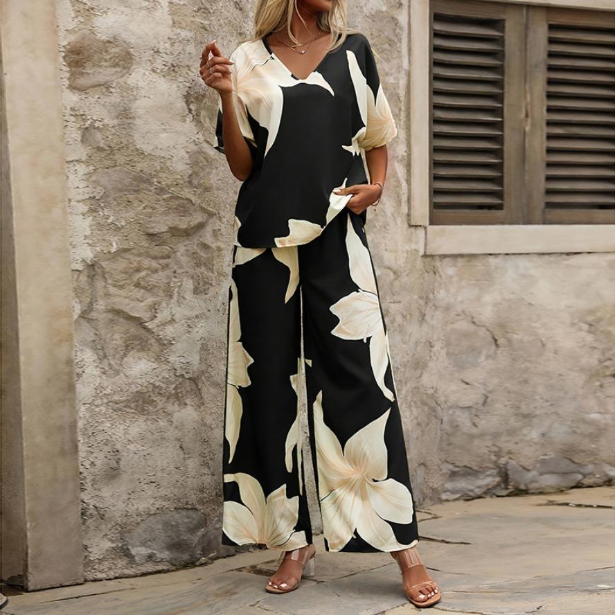 

YYFS Женский Модный Повседневный Летний Весенний Комплект Брюки Костюмы с Цветочным Принтом и Коротким Рукавом V-образным Вырезом XXL