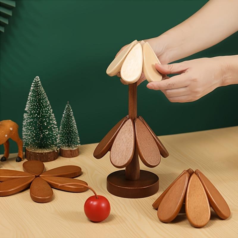 Wooden Christmas Tree CoasterCreative Tree Shape Heat Resistant MatWooden Table Runway for Kitchen and Dining Room