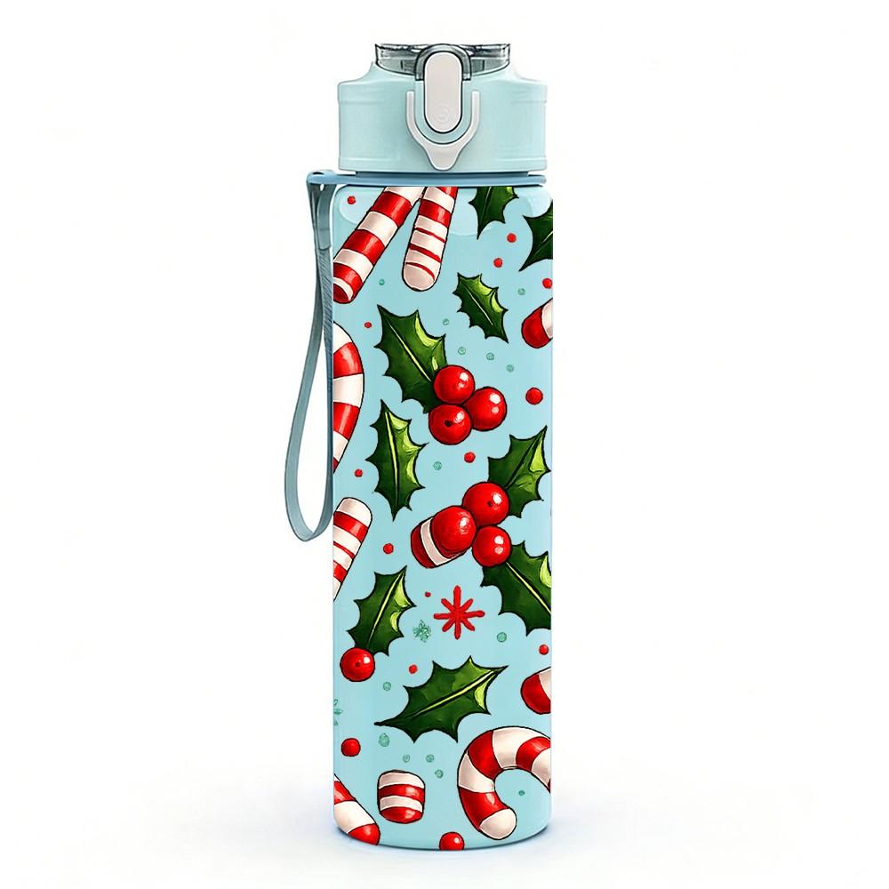 1PC Red Berry Leaf Christmas Seamless Print 750ml Color Plastic Sports Water Bottle Leakproof Flip Straw Lid Suitable for Sports Office Home Use