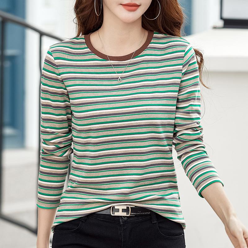 2024 Vår Ny Stripet Rund Hals Langermet T-skjorte Dame Undertopp