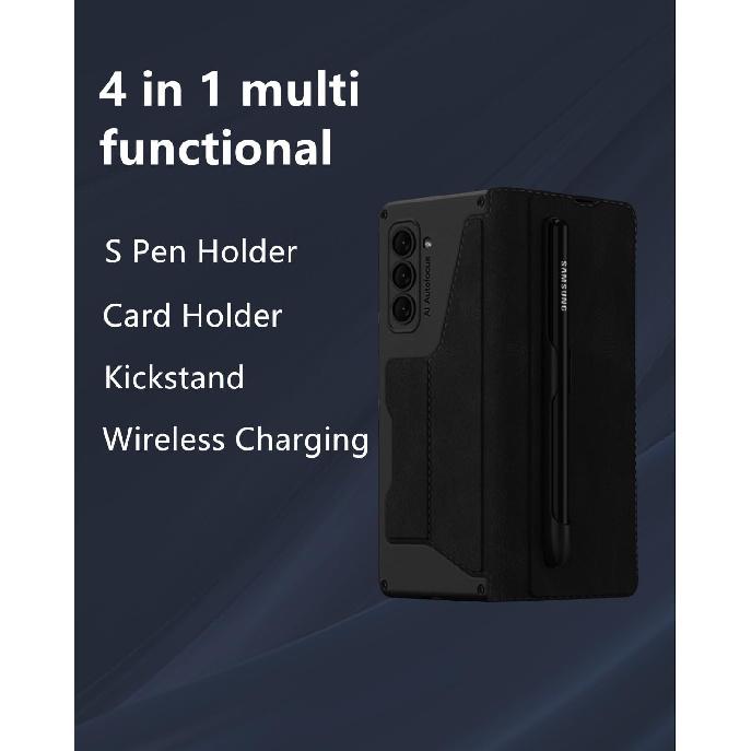 For Samsung Galaxy Z Fold 4 Case [with S Pen Holder & Card Holder][Kickstand for Full Screen Viewing][Wireless Charging Protective Cover] Slim PU