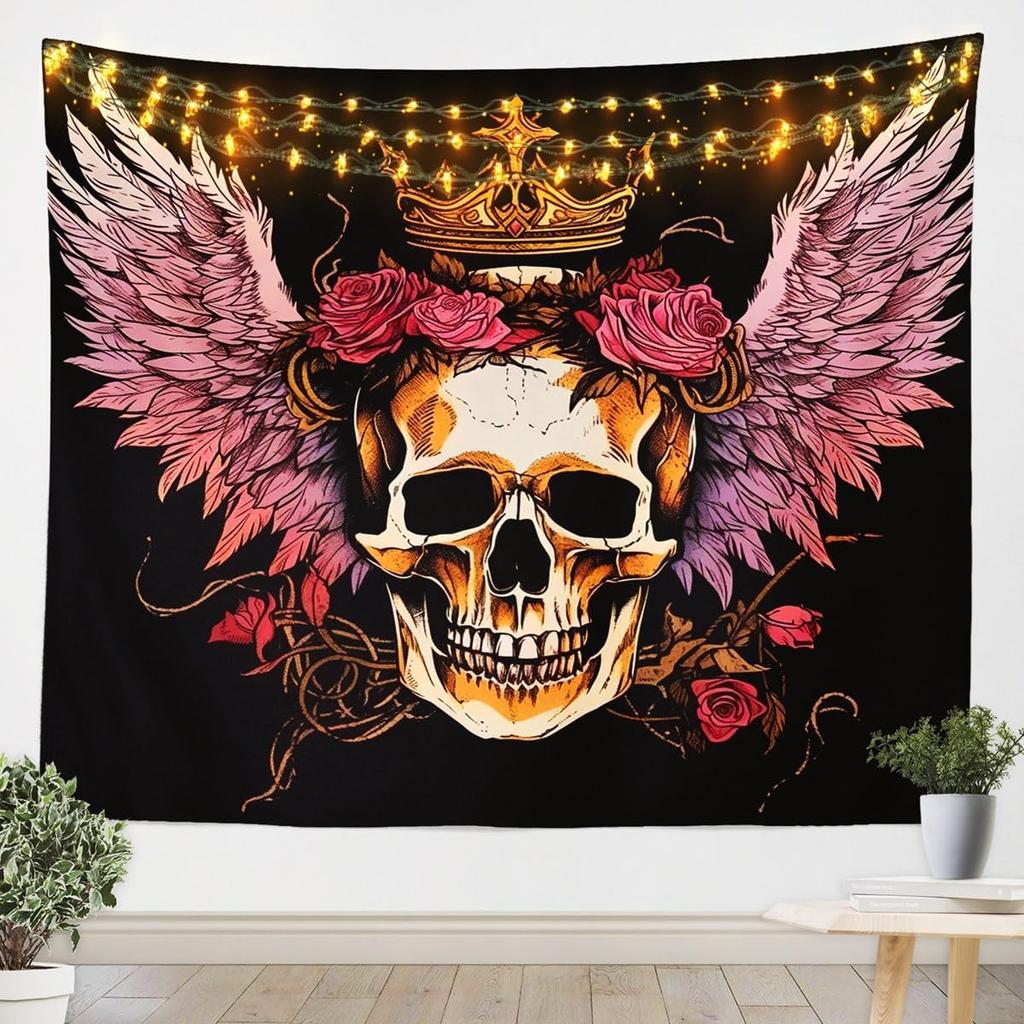 3D Skull Floral Wall Tapestry Rose Death Skull Tapestry, 3D Romantic Skeleton Tapestry For Bedroom Boho Gothic Hanging Wall Art