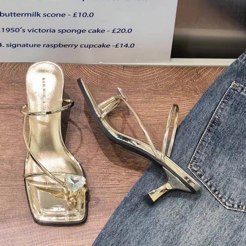 

French high-end set of toe slippers women s outer wear 2025 summer fairy wind rhinestones toe sandals high heels 40 шампанского