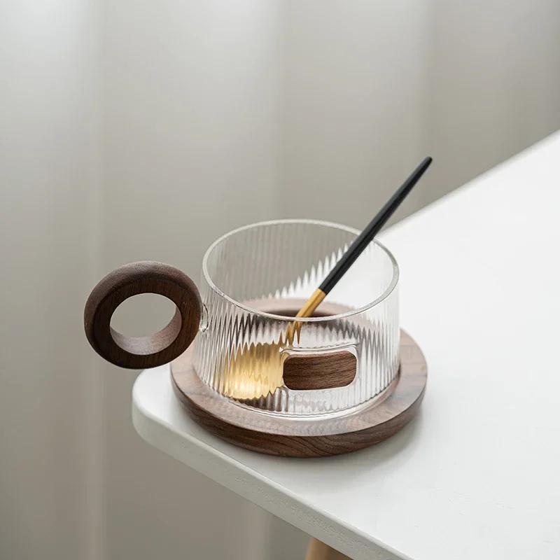Simple Coffee Mug Set Tea Cups 250ml Office Glass Water Mug Casual Afternoon Tea Cup with Tray Spoon Kung Fu Beverage Mug