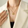 European-American Colorfast Thin Snake Bone Chain Necklace with Round Cross Zirconia Pendant, Gold-Plated Titanium Steel