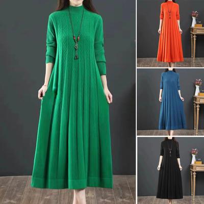 Women Fall Winter Dress Knitted A-line Loose Hem Solid Color High Collar Neck Protection Thick Warm Long Sleeve Pleated Mid-calf Length Midi Dress