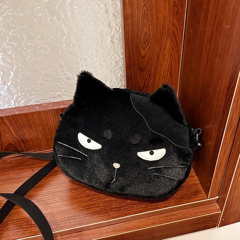 Cute Cartoon Cat Plush Crossbody Bag For Women Funny Black Cat Shoulder Bag Casual Phone Purse Lovely Shoulder Bag Gifts