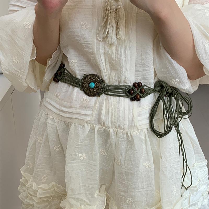 Hemp rope woven multi-layer pattern wood bead waist chain niche temperament retro belt temperament versatile high-end jewelry women