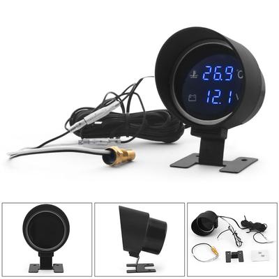 2 In 1 LCD Digital Car 12V Water Temperature Gauge 1-99 Celsius+10-24V Voltmeter Blue Light With 1/8NPT Temp Sensor