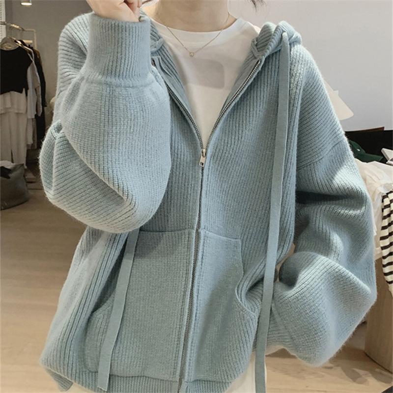 Autumn Winter Solid Knitting Zipper Hoodies Women Loose Casual All-match Cardigan Hooded Top Female Sweatshirt