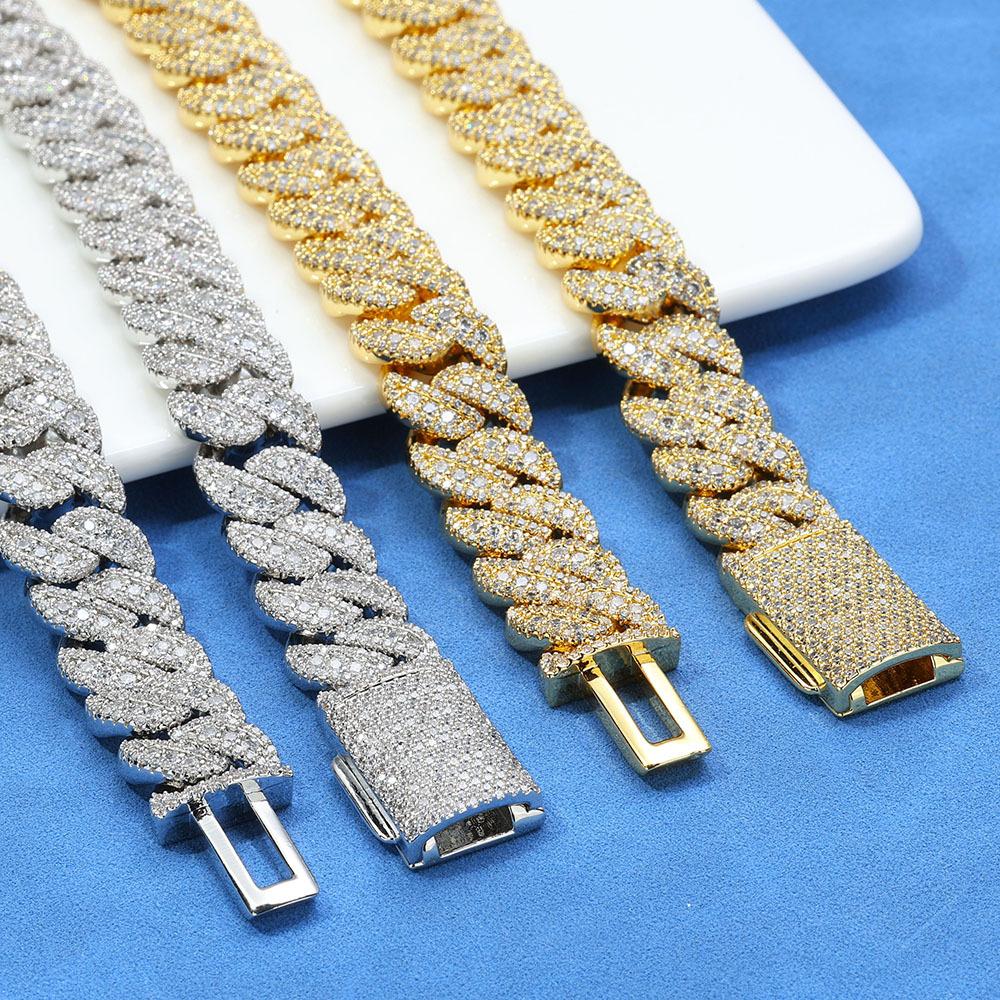 Hip Hop 14mm Flip Button Full Diamond Zircon Cuban Necklace Jewelry Men's Bracelet Premium Accessories