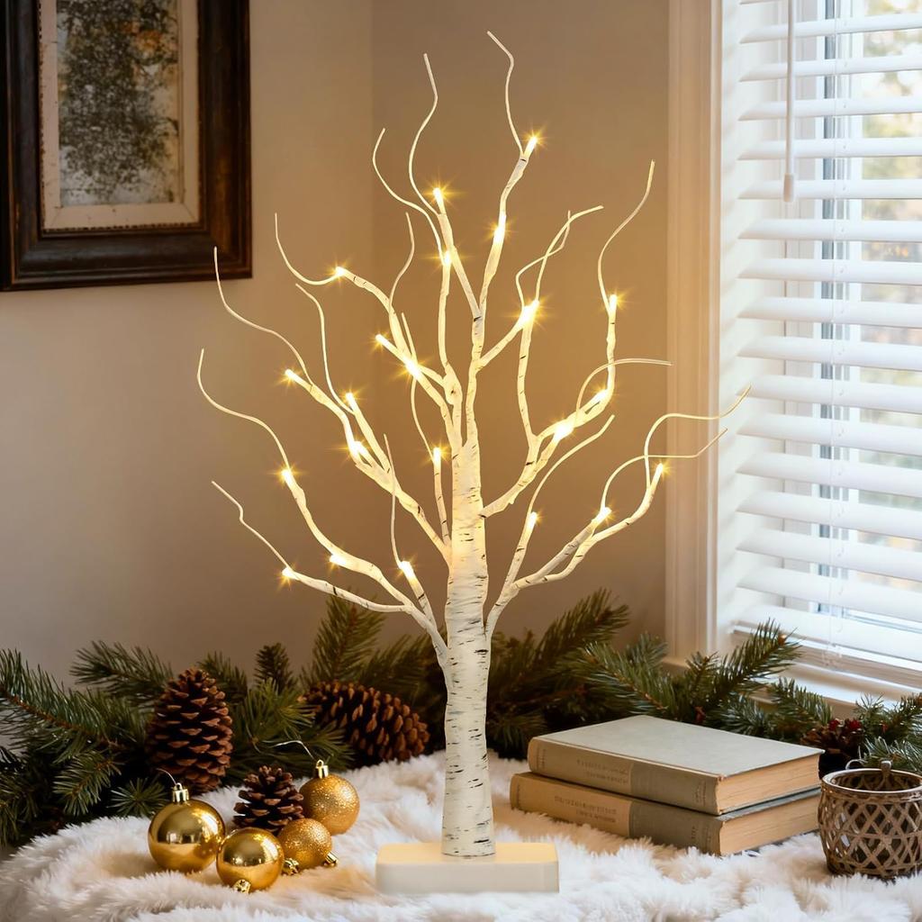2 Pack Lighted Birch Tree, Battery-Powered LED Christmas Tree with Timer - Tabletop Decor for Home, Office, Bedroom, Wedding