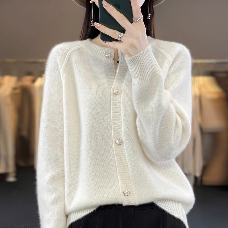 Women's Lazy Style Crew Neck Star-Button Knit Cardigan Sweater Undershirt Jacket