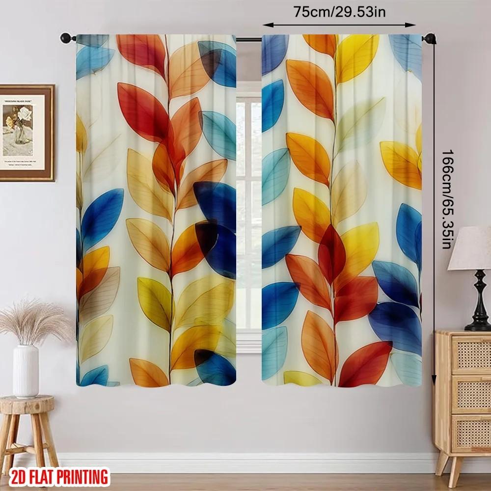 Set Of 2 Colorful Leaf Curtain Window Decor Polyester Home With Rod Pocket Light Filtering