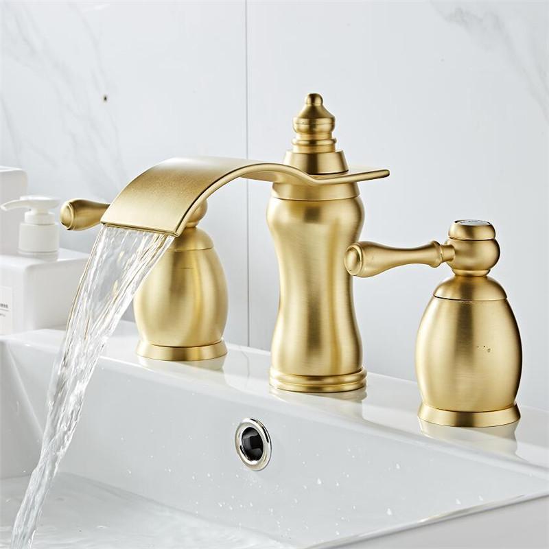 Tuqiu Brushed Gold Bathroom Basin Faucet Hot Cold Rose Gold lWater Faucet Widespread Sink Mixers Tap Deck Mount Wash Tub Fauctes