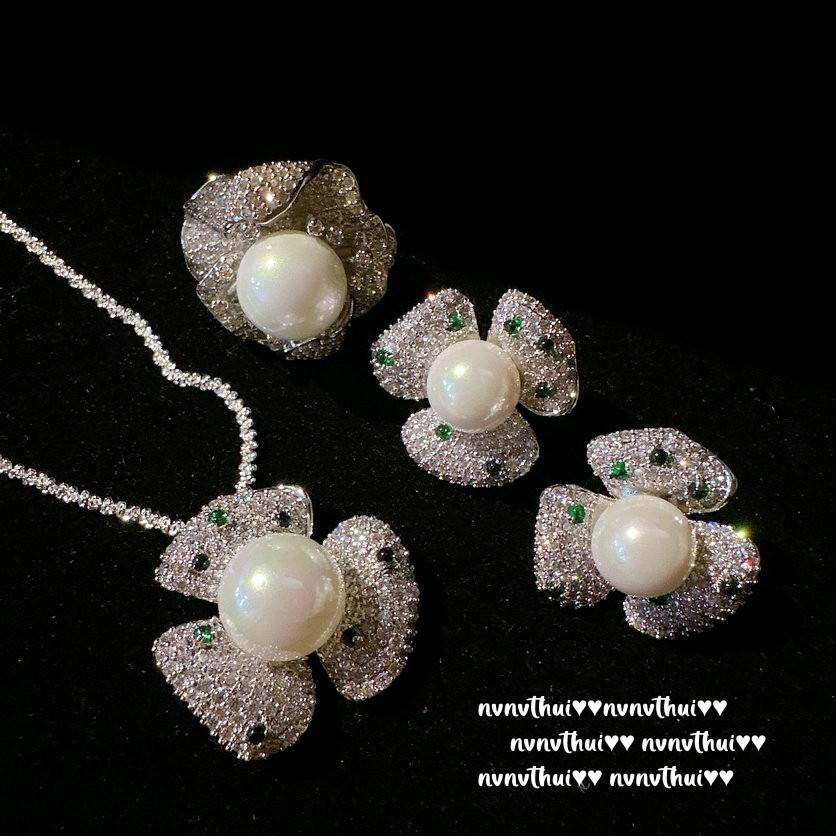Mermaid Princess, Flower Gem Pearl Necklace, Tahiti, Vintage Flower, Zircon Pearl Ring, Combination