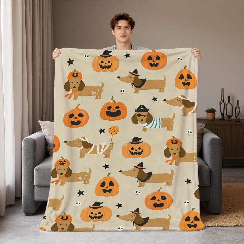 Cartoon Dachshund Dog Pumpkin Halloween Throw Blanket,Puppy Witch Pirate Costume Print Soft Warm Sofa Couch Cover Blanket