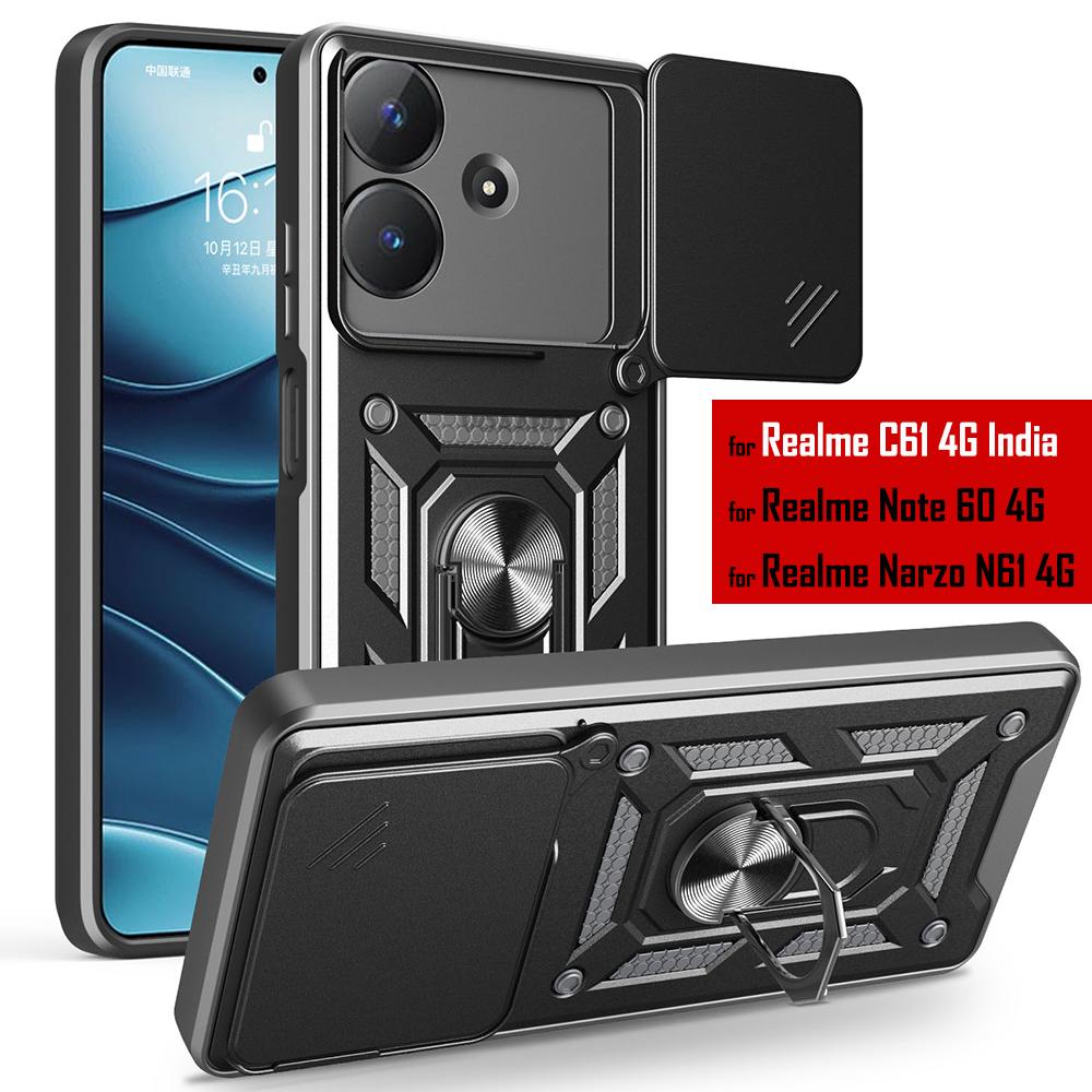 Slide Lens Armor Funda for Realme C61 4G India Case Magnetic Ring Stand Holder Cover for Realme Note 60 Narzo N61 4G Global Case