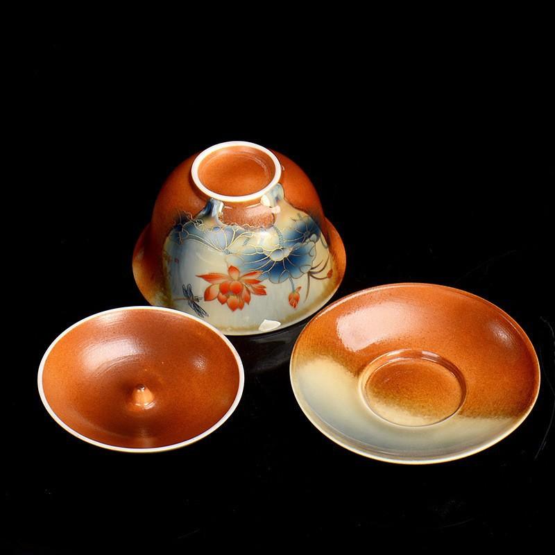 Hand Painted Lotus Gaiwan Ceramic Porcelain Tea Tureen Bowl Rotatable Lid Saucer Vintage Teacups Tea Ceremony Teaware Drinkware