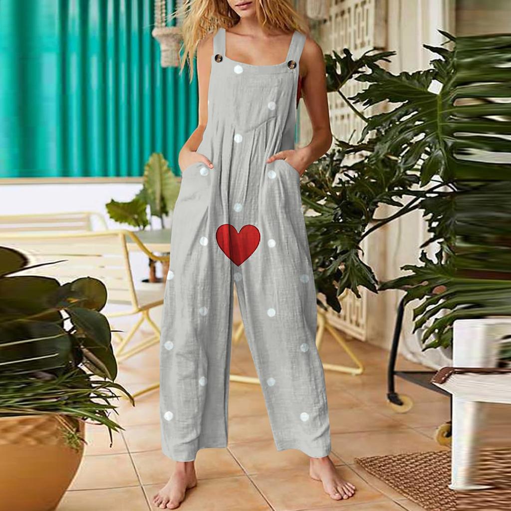 Women's Valentine's Day Printed Casual Loose Retro Cotton Linen Overalls With Pockets