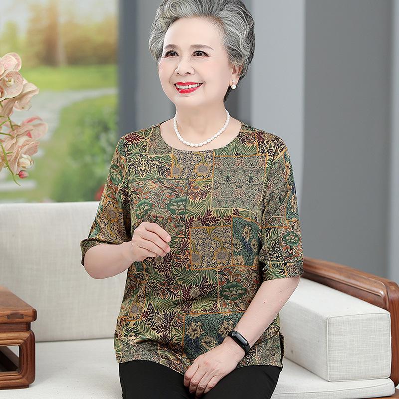 

Elderly Women s Chinese-Style Summer Silk T-Shirt Set XL (recommended 50-55 kg) зелений