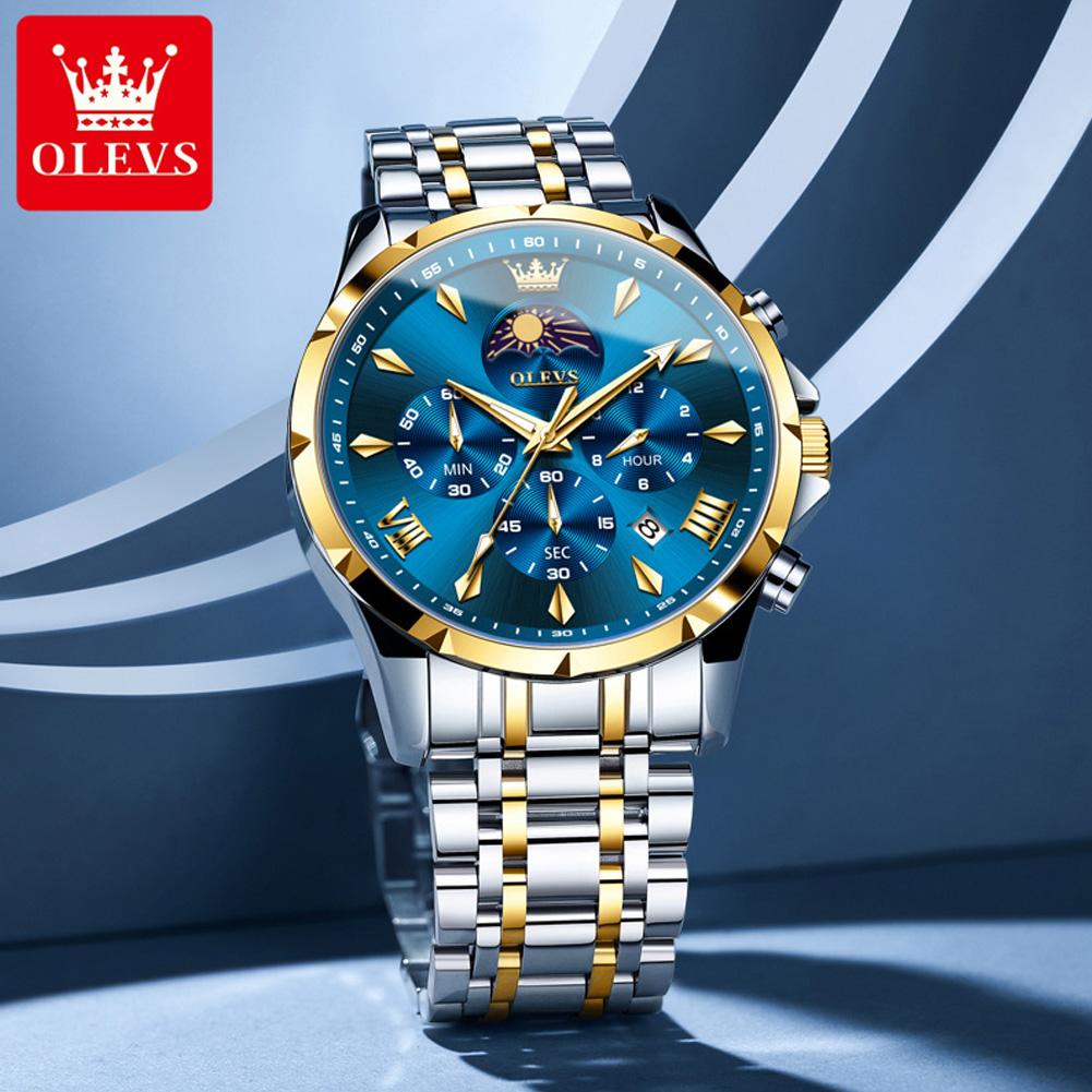 OLEVS Original Chronograph Quartz Watch For Men Moon Phase Stainless Steel Waterproof Man Watch Date Fashion Wrist Watch
