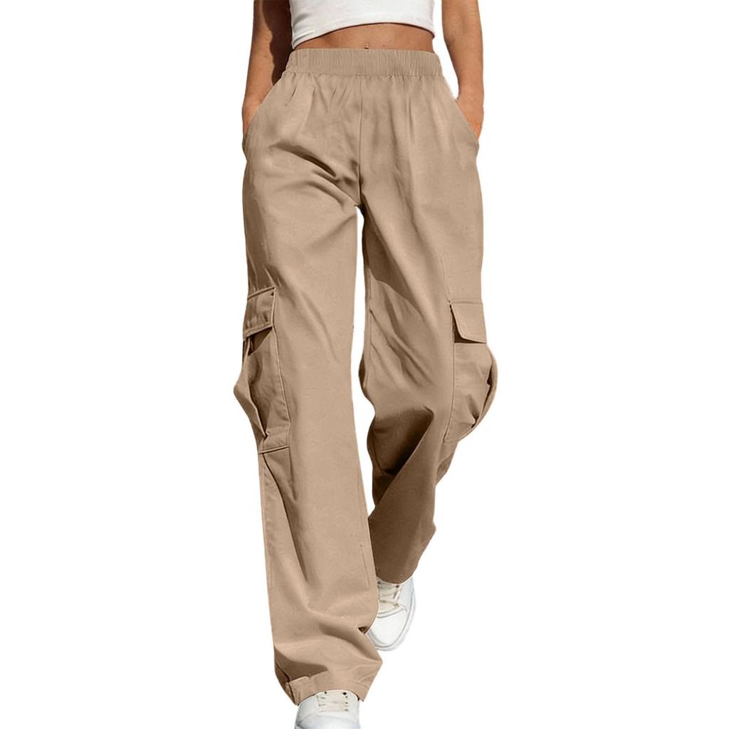 Women's Casual -Color Workwear Pants With Multiple Pockets And Wide Legs