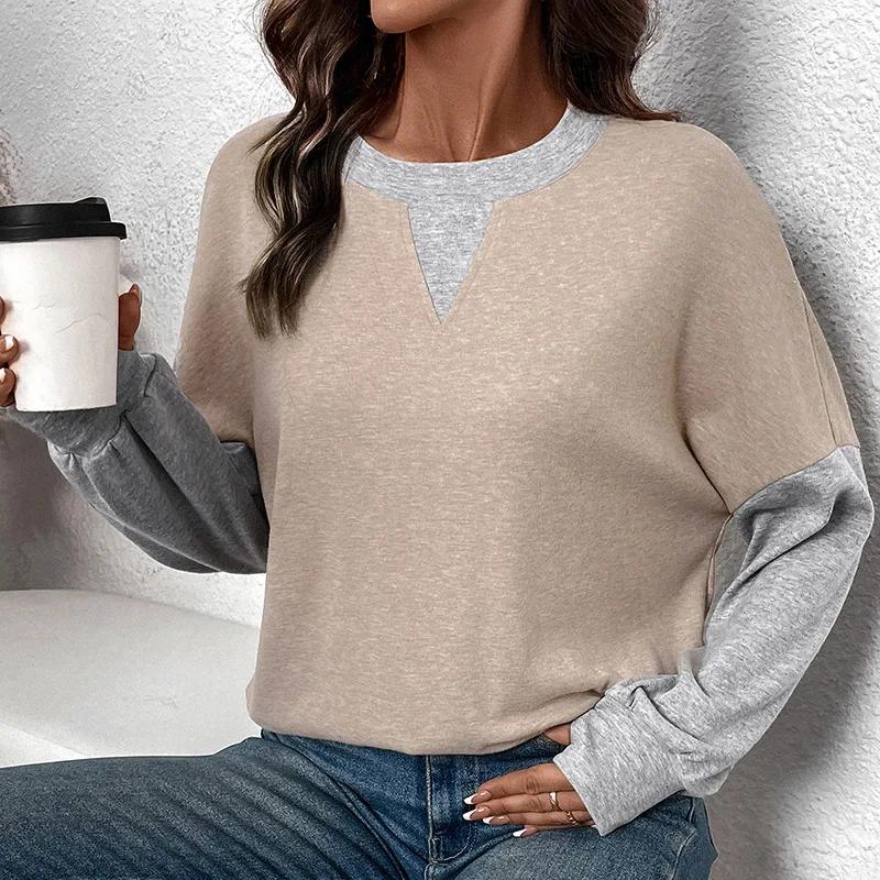 Round Neck Fake Two-piece Color-blocking Drop-sleeved Sweatshirt New Autumn Women's Splicing Casual Simple Loose