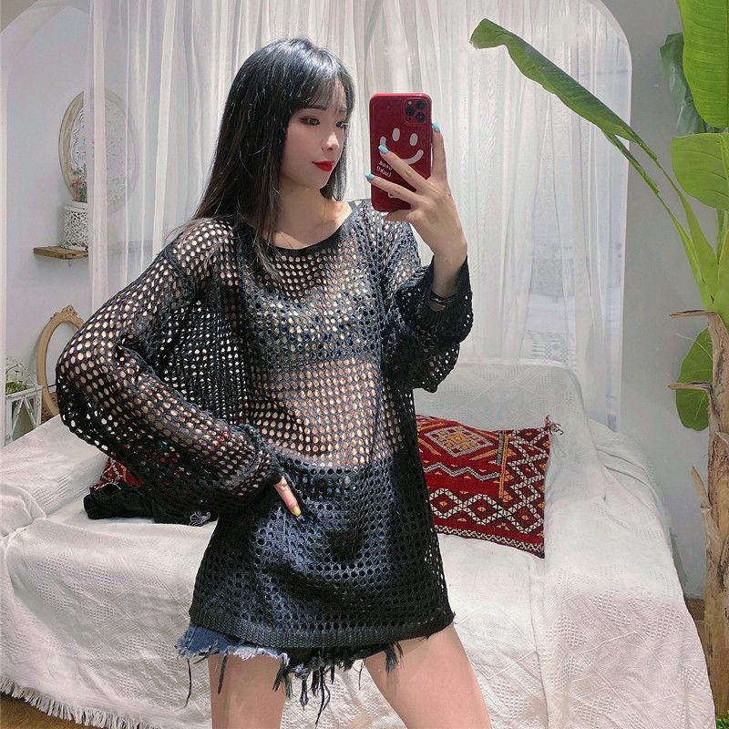 Maglione traforato taglia forte da donna nero filato a rete top maglione da donna pullover ampio maglia