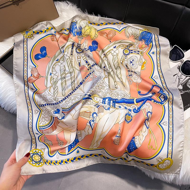 68cm Love Horse Printed Scarf Women's Spring and Summer Thin Imitation Silk Scarf Fresh and Versatile Headscarf Shawl Scarfs