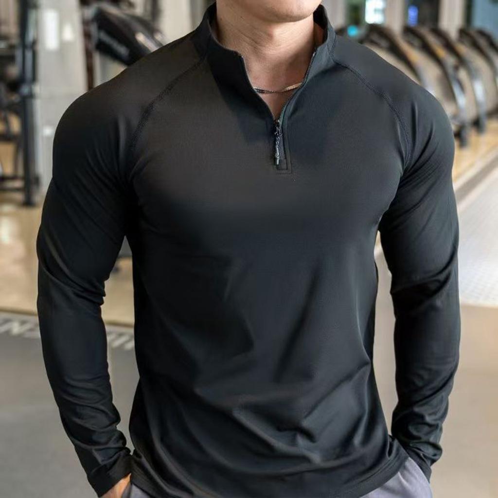 Men's Long Sleeved Half Zip High Elastic Basketball Sports Fitness Color Quick Drying Breathable Slim Fit Fashion Tops