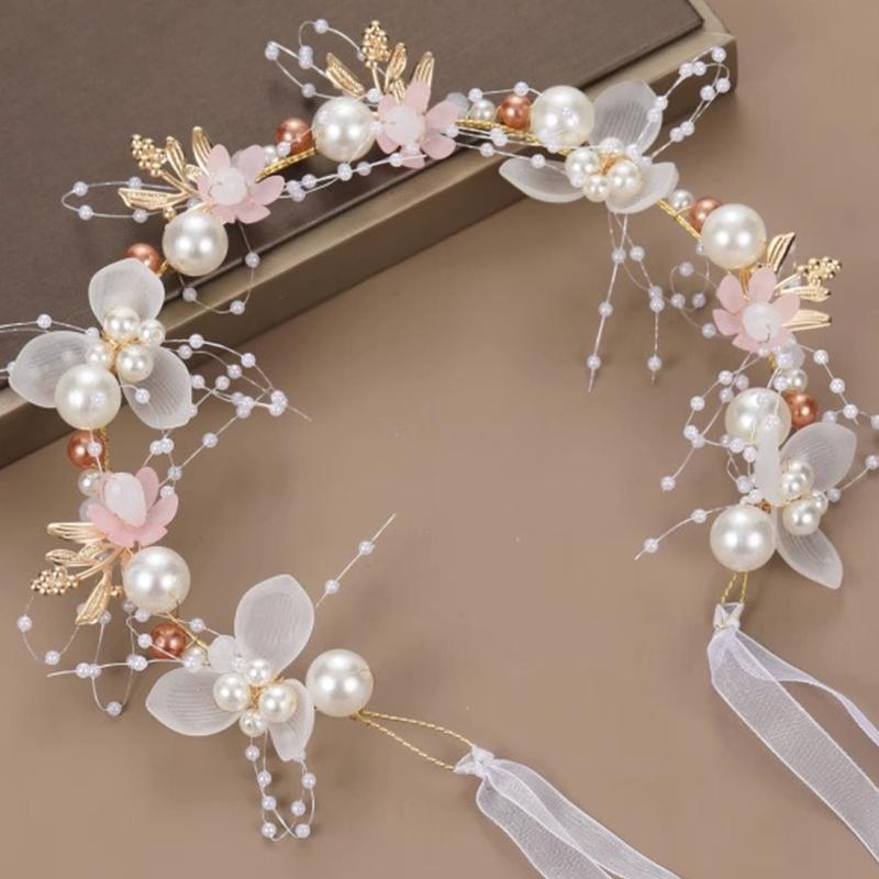 1pc Faux Pearl & Flower Decor Elegant Bridal Hair Band Tiara