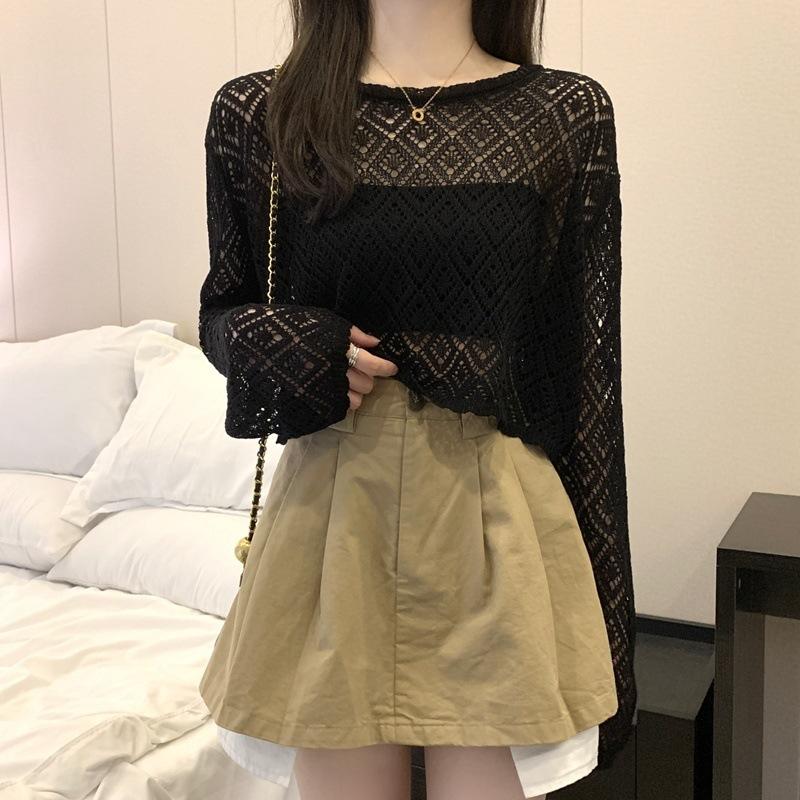 

Популярная полая блузка, которую носят женщины, милый топ, высококлассный летний кружевной воротник, тонкий трикотажный свитер с длинными рукавами One Size F