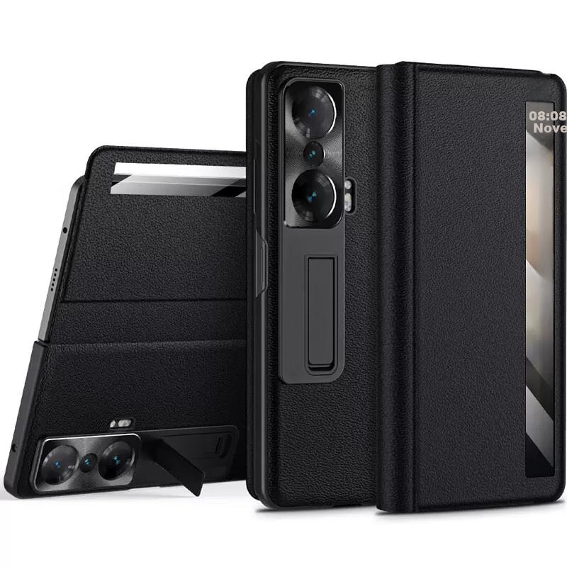 Foldable Protective Case for Honor Magic Vs, Full Protection Magnetic Stand Back Genuine Leather, Black