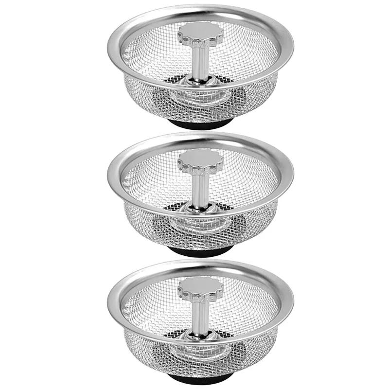Kitchen Sink Strainer with Handle and Stopper Kitchen Sink Drain Basket/Stopper 3.3 Inch Stainless Steel Sink Mesh Sifter Filter
